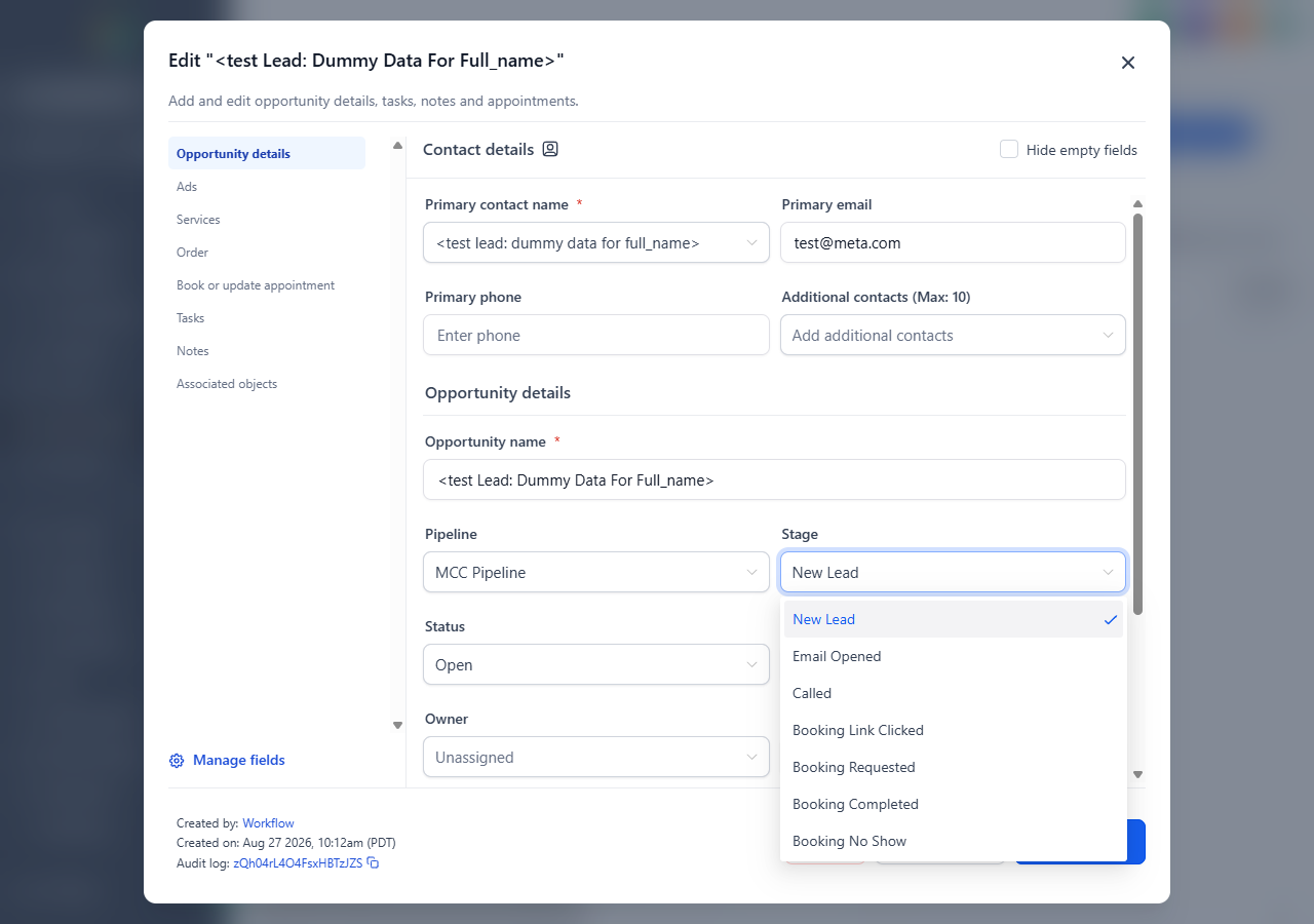 Stage dropdown open with MCC Pipeline stages